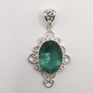 Sterling Silver 925 Ornate Multi-Faceted Lab Created Emerald Pendant